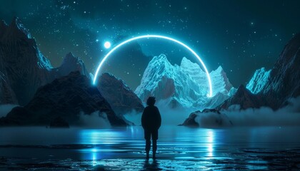 Wall Mural - A man stands on a rocky shore looking out at a body of water by AI generated image