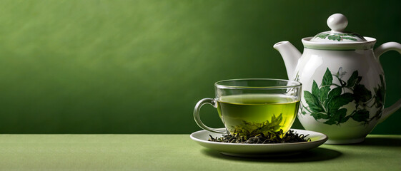 Cup of green tea against a green background, organic and fresh tea cup isolated in green table, Design template for Poster, Web banner, Brochure, Card with copy space