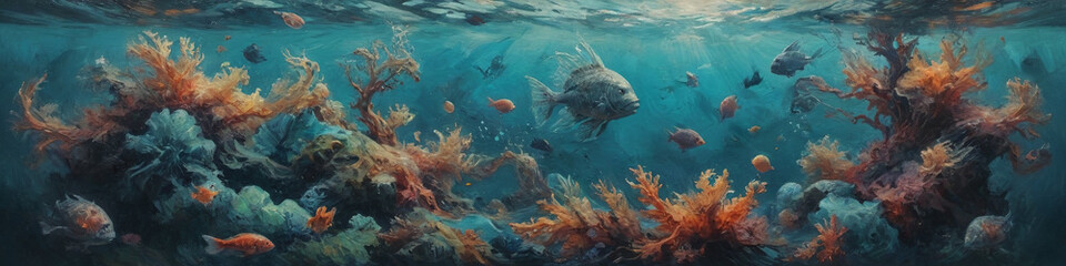 Wall Mural - Enigmatic underwater scenes come alive with bold, textured oil strokes, capturing the essence of a surreal marine world beyond ordinary perception, Generative AI