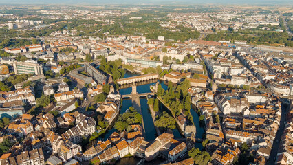 Wall Mural - Strasbourg, France. Petite France quarter. Summer morning, Aerial View