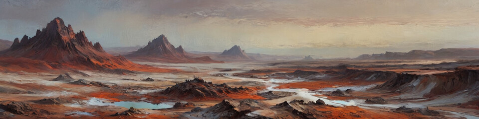 Wall Mural - Raw wastelands on a barren planet are depicted with thick, textured oil layers, showcasing diverse atmospheric conditions from scorching heat to freezing cold, Generative AI