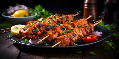 Wall Mural - Tandoori Spicy Indian Chicken Skewers. Concept Tandoori Spiced Chicken, Indian Cuisine, Grilled Skewers, Flavorful Marination, Spicy Appetizer
