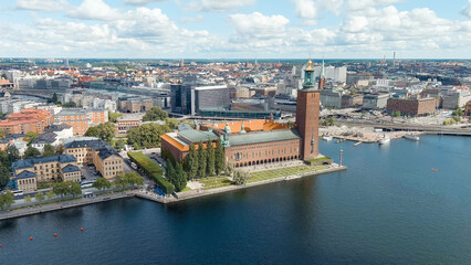 Wall Mural - Stockholm, Sweden. Stockholm City Hall and Lake Malaren. Panorama of the city. Summer day, Aerial View