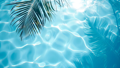 Wall Mural - ropical Leaf Shadow on Water. Transparent Overlay of Palm Leaf Silhouette with Ripples on Blue Water Surface