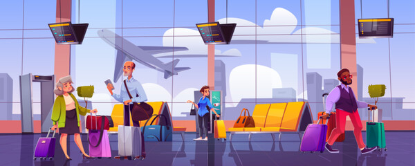 People with suitcases in airport waiting room with airplane over large window, seats and screen with information, metal detector. Cartoon vector man and woman passenger with baggage in airline hall.