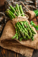 Wall Mural - Fresh green asparagus bundled together and wrapped in brown paper, placed on a piece of burlap fabric