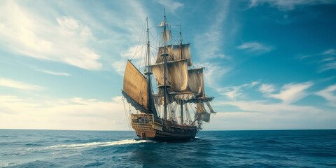 A majestic image of a vintage tall ship with sails fully deployed, navigating through calm ocean waters under a bright sky