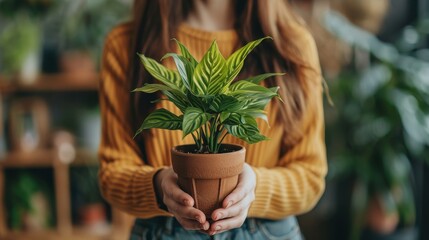 Poster - Young cheerful woman holds a houseplant in her hands, beautiful picture