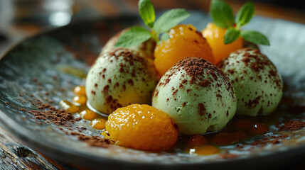 A Dessert Of Matcha Truffles with an Orange Coulis On Blurry Background