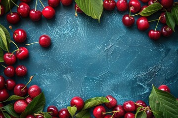 red ripe sweet cherry berries and leaves frame on blue concrete background top view with copy space