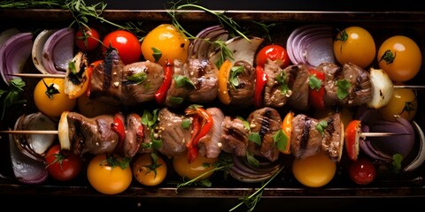 Canvas Print - Overhead view of skewers with marinated meat and vegetables on a white background. Concept Food Photography, Skewered Delights, BBQ Cuisine, Grilled Goodness, Appetizing Arrangement