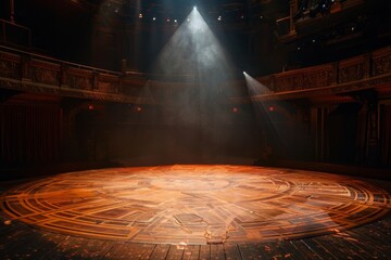 Wall Mural - A lone spotlight casts a dramatic glow on an empty stage, highlighting the intricate wooden floor patterns in a darkened theater