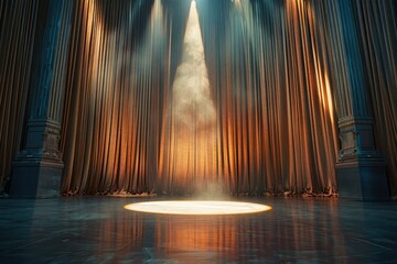 Wall Mural - A dramatic empty stage with large, heavy curtains and a single spotlight creating a circular pool of light on the floor