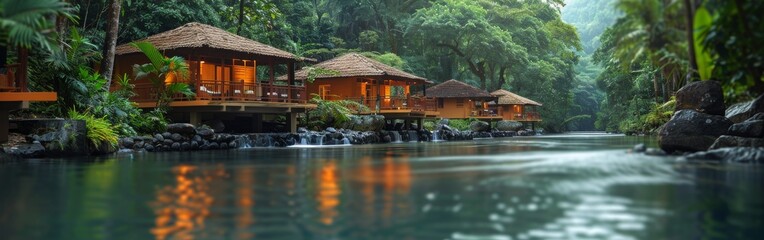 Wall Mural - Tropical Riverfront Cabins With Lush Greenery and Flowing Water
