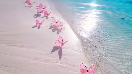 Wall Mural - A group of pink butterflies floating in the water