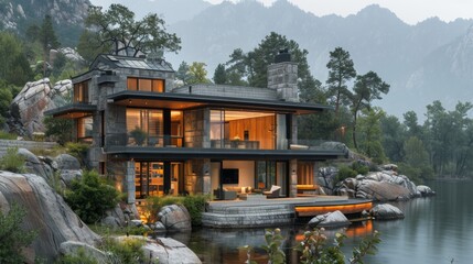 Wall Mural - Modern Stone House With Mountain Views And Lakefront Patio At Dusk
