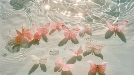 Wall Mural - A group of pink butterflies floating in the water