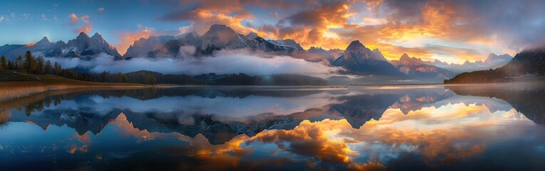Wall Mural - Majestic Mountain Range Reflecting in Tranquil Lake at Sunset