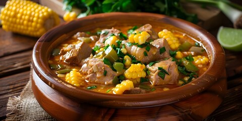 Wall Mural - Hearty and Traditional Argentine Locro Stew with Corn, Meat, and Green Onions. Concept Argentine Cuisine, Traditional Stew, Corn Recipes, Meat Dishes, Green Onions