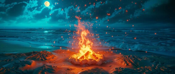 Poster - Experience the ethereal beauty of a holographic beach bonfire glowing vividly against the digital night sky, blending the tranquility of nature with cutting-edge technology