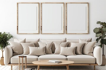 Living room decor idea: Scandinavian style with three vertical wooden frames, 40k resolution.