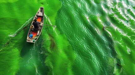 A boat is floating in a green body of water