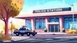 © Pihta - The exterior of a modern police station with a police car. Cartoon illustration.