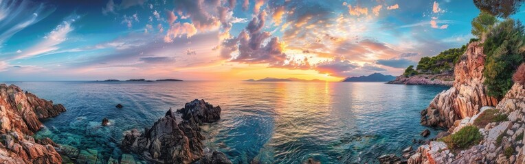 Wall Mural - Coastal Sunset View With Rocky Shoreline and Calm Ocean Waters