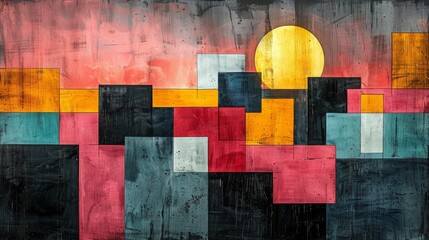 Wall Mural - Abstract Geometric Painting of a Sunset With Red, Yellow, and Blue Tones