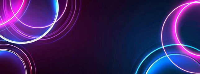 Neon glowing lines form a background with blue and purple colored neon light rings on a dark gradient background