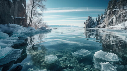 Wall Mural - Beautiful Natural Water Lake Near Mountains Landscape Background