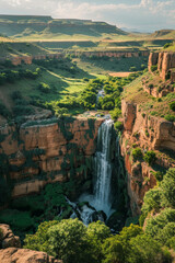 Wall Mural - A waterfall flowing from a green landscape into a canyon