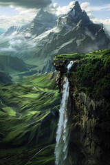 Wall Mural - A waterfall flowing from a green landscape into a canyon