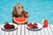 © Volodymyr - Child eat watermelon. Kid with summer fruits in pool. Portrait of summer kids. Child in swimming pool playing and relaxed in water. Summer vacation with kids.