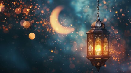 Illuminated Ramadan Kareem Greetings Card Design Template with Lantern and Crescent on Textured Background