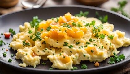 Wall Mural - Fried scrambled eggs with mashed potatoes
