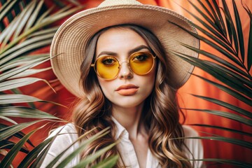 Wall Mural - portrait of young girl with sunglasses and straw hat in tropical garden