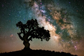 Wall Mural - A lone, ancient tree on a hill, its branches silhouetted against a star-filled sky