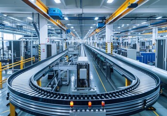 The interior of a modern electronics manufacturing facility with conveyor belts and machinery