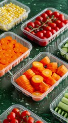 Wall Mural - Close-up view of a table covered with various plastic containers filled with colorful and fresh vegetables
