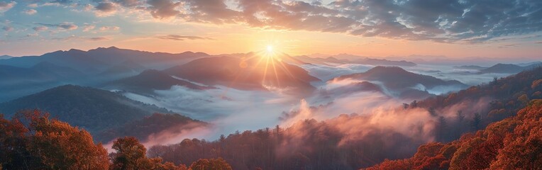 Wall Mural - Mountain Landscape With Fog and Sunset