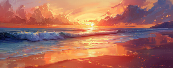 A tranquil beach at sunset, with soft golden sands, gently lapping waves, and a sky ablaze with fiery hues.