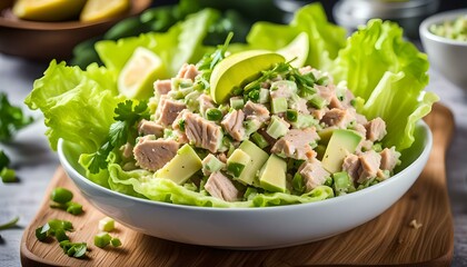 Wall Mural - Tuna salad with avocado, celery, spring onion and iceberg lettuce. Tasty healthy food
