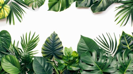 Wall Mural - Tropical foliage creating a rich botanical on white background and empty space center