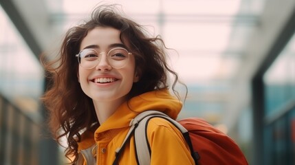 Wall Mural - Happy Young Woman in Glasses and Yellow Jacket with Backpack