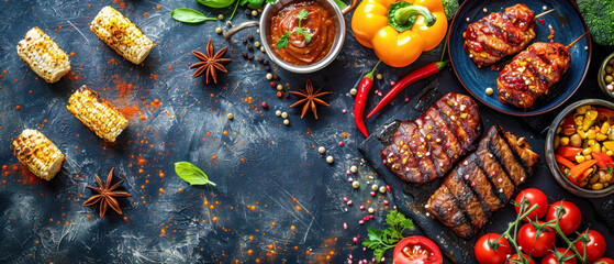 Vibrant Kitchen Delight: Sizzling Steaks & Fresh Veggies - Wooden Table Food Display with Colorful Tomatoes, Peppers, Broccoli, and Chef's Creations