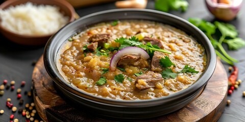 Wall Mural - Traditional Eidul-Fitr celebration dish Bowl of beef haleem. Concept Eidul-Fitr, Celebration Dish, Beef Haleem, Traditional Food, Festive Cuisine