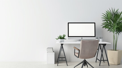 Wall Mural - A white computer desk with a computer monitor and a plant