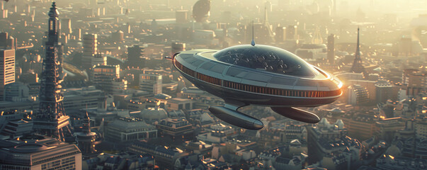 Wall Mural - A futuristic flying car hovering above a bustling city, its passengers enjoying the aerial view.