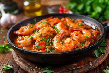 Delicious shrimp dish with garlic sauce and fresh herbs on wooden table. Perfect for food blogs, recipe sites, or culinary magazines. Vibrant and enticing visual. Generative AI
